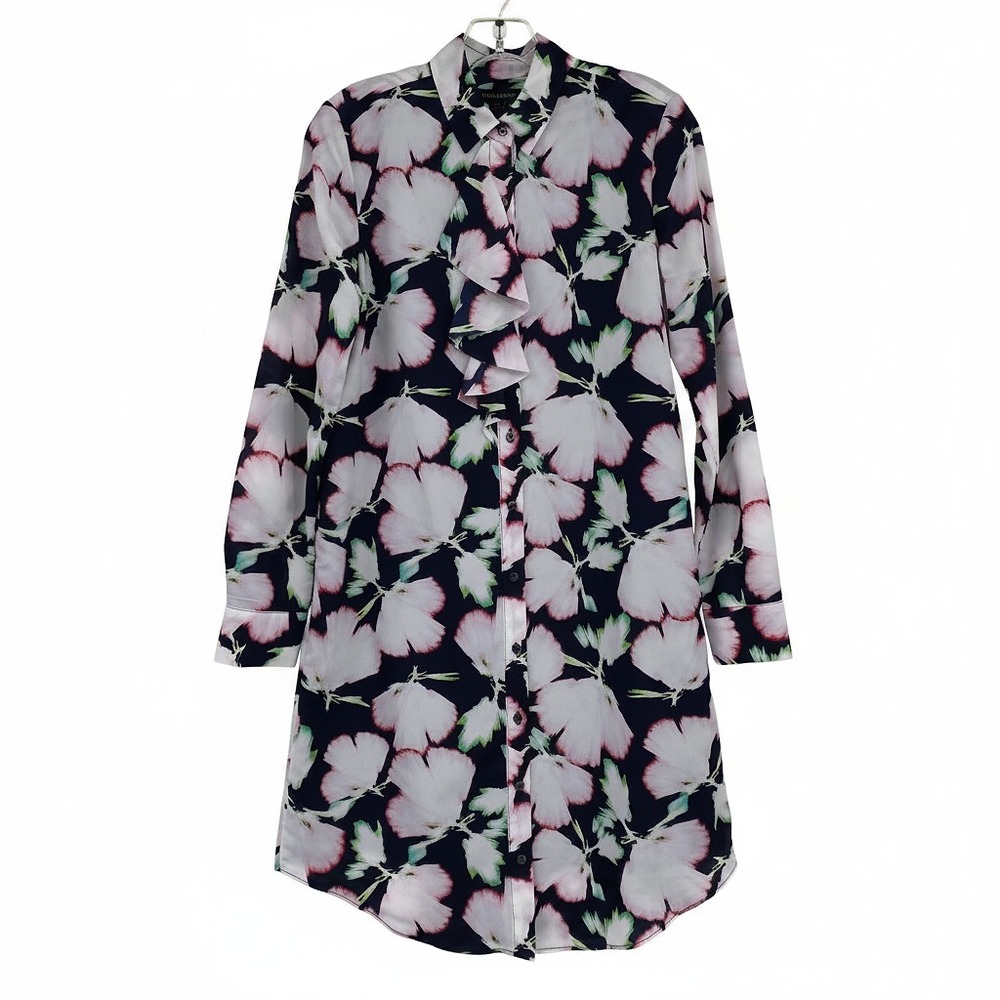 Banana Republic Navy Pink Floral Ruffle Accent Button Up Mini Dress | Women’s XS